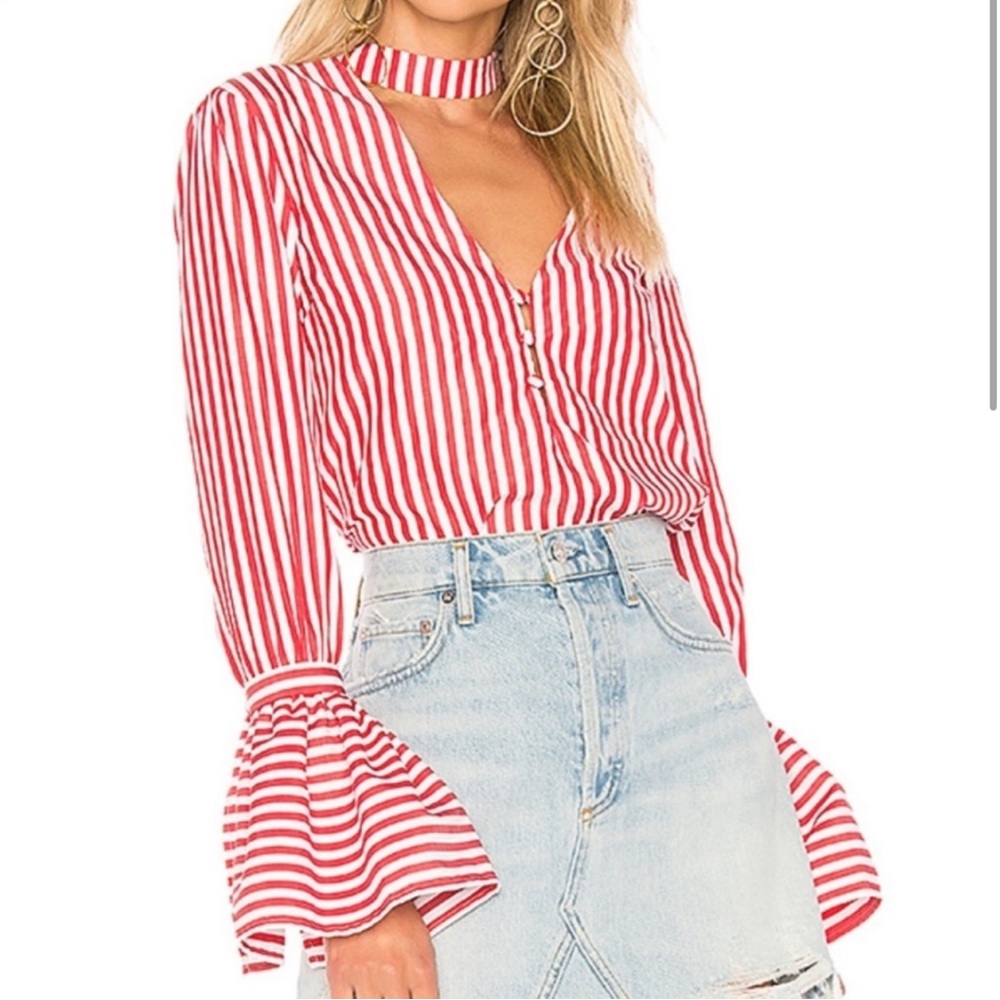 L'Academie The Felix Striped Bell Sleeve Blouse ❤️🤍